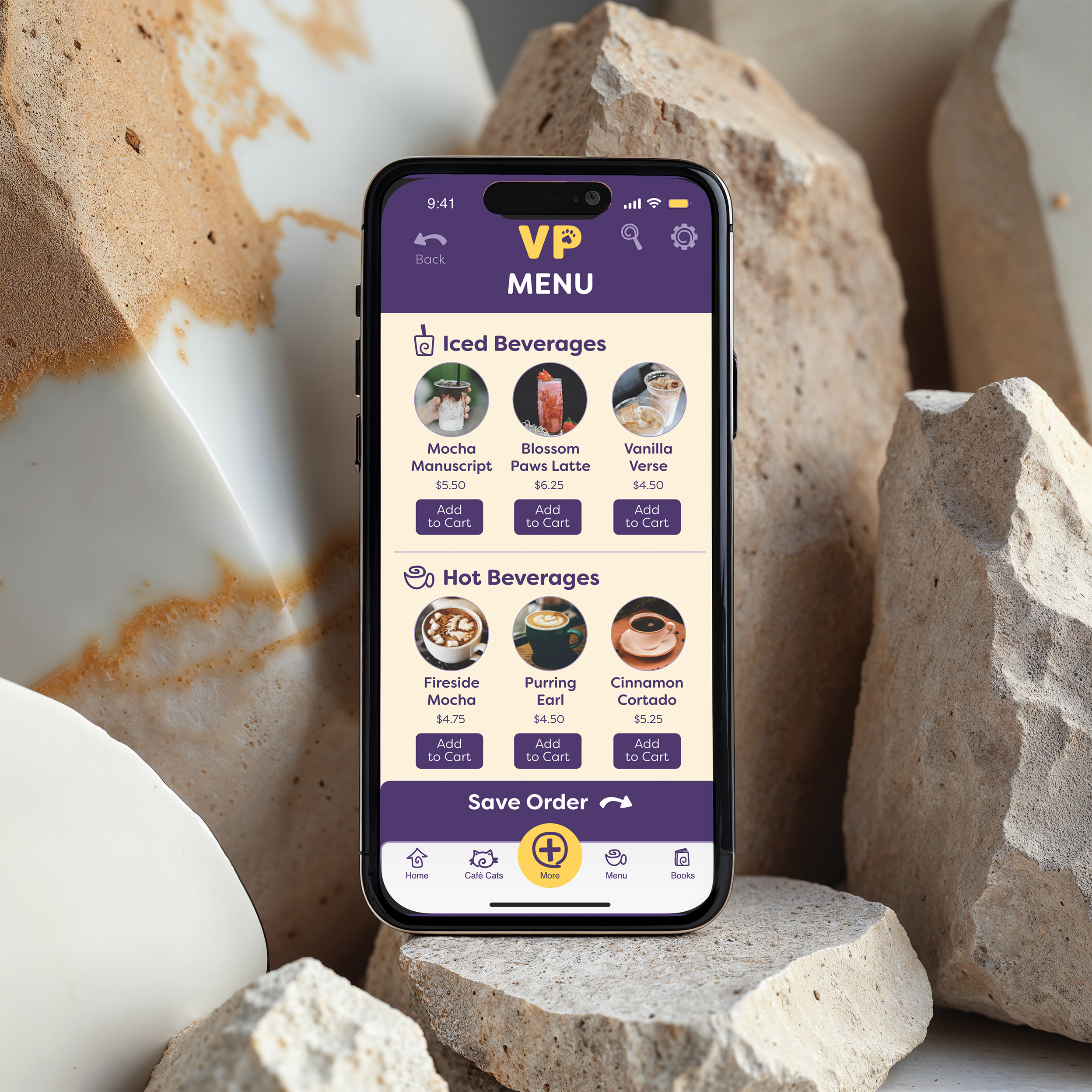 Velvet Paw app mocked up on iPhone