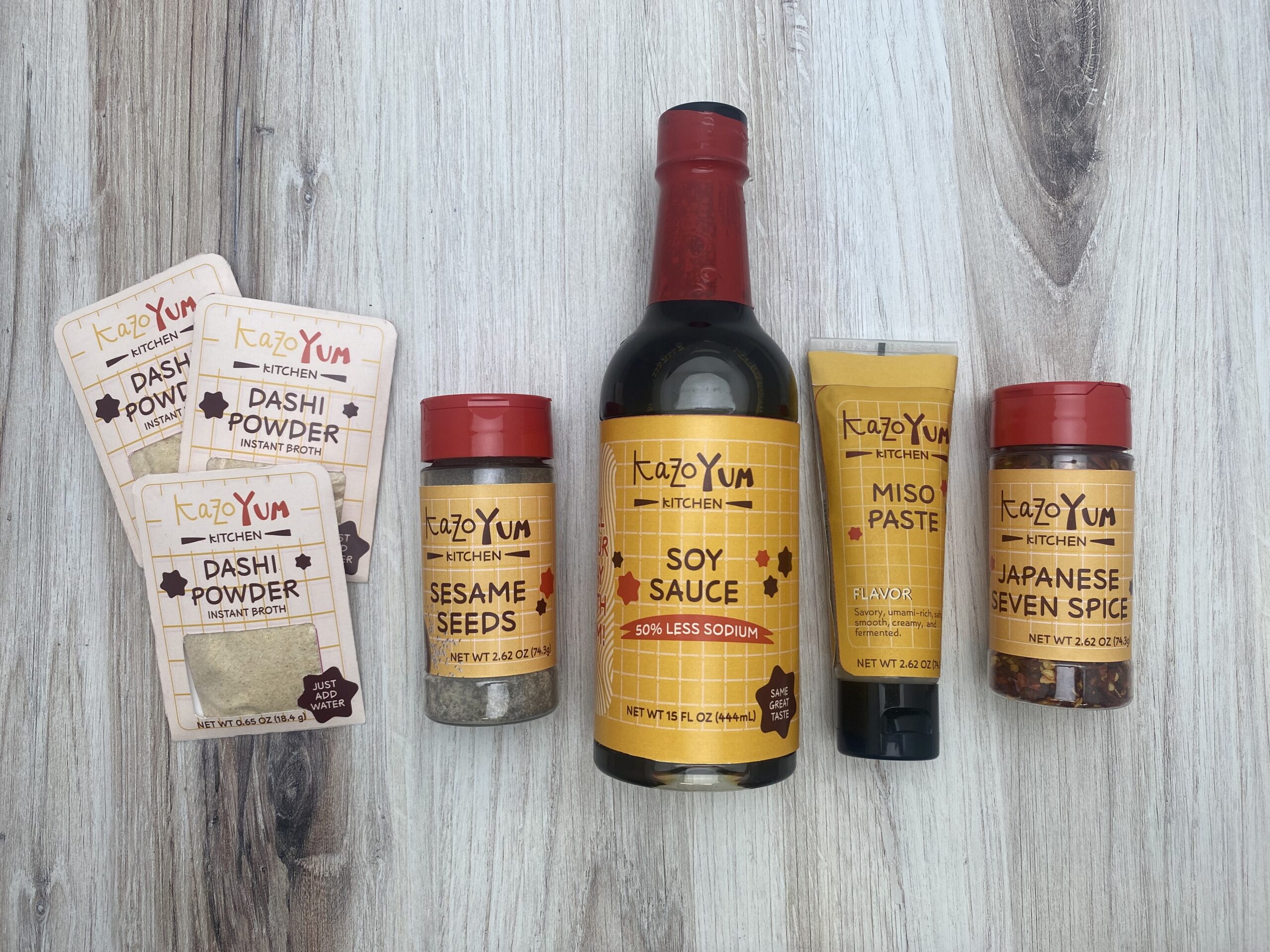 IMG_5701 KazoYUM Kitchen package design project mockups: Dashi Powder, Japanese Seven Spice, Sesame Seeds, Soy Sauce, Miso Paste