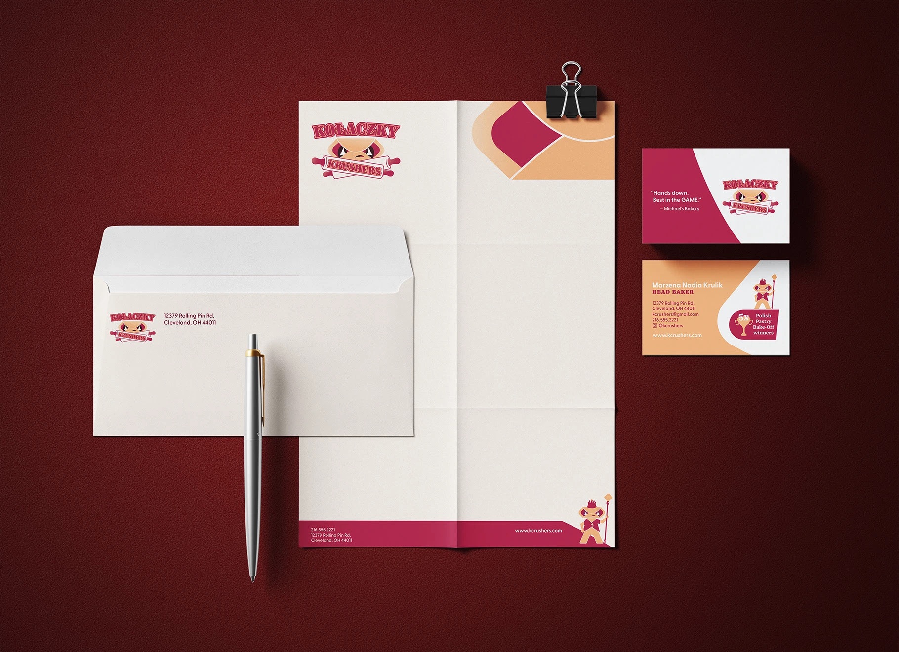 Kołaczky Krushers hero graphic, mocked up business stationery
