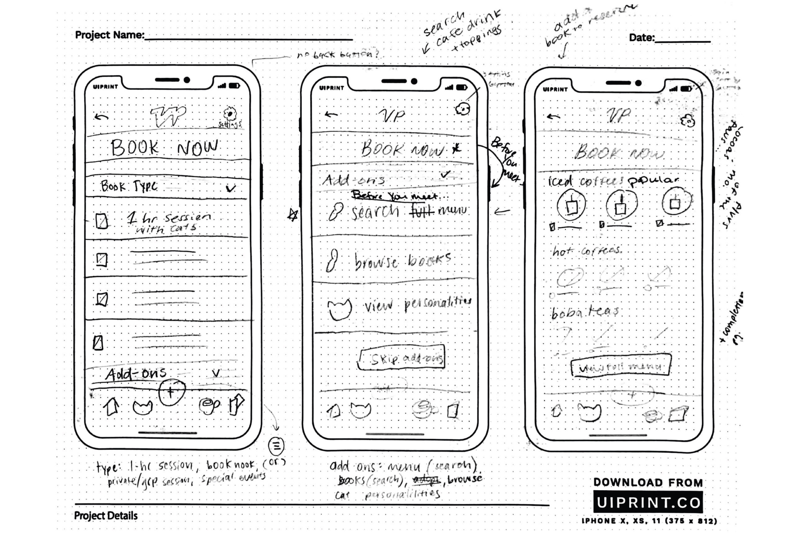 Velvet Paw paper wireframe with the final 3 screens, including the booking options, add-on services, and menu.