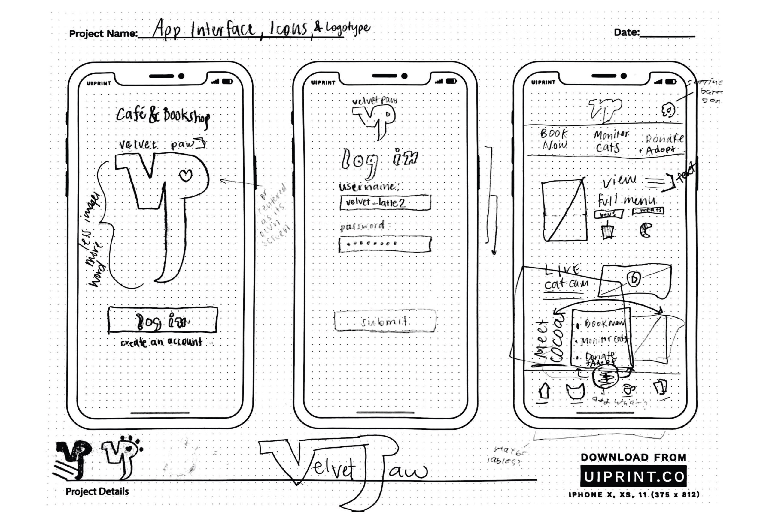 Velvet Paw paper wireframe with the first 3 screens, including the launch, login, and homepage.