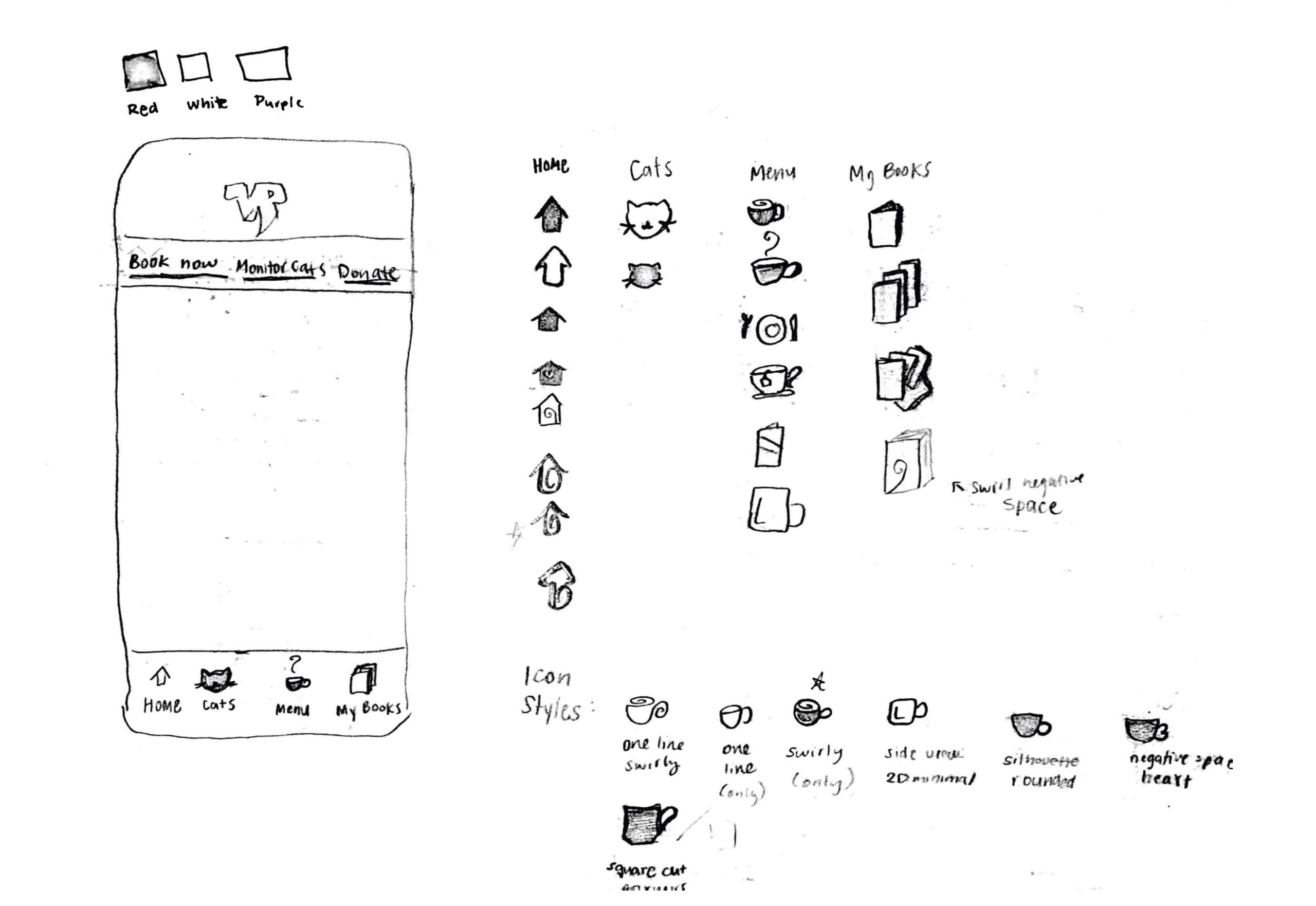 Velvet Paw sketches of brainstormed icons