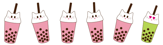 animated GIF of cat boba illustrations with a dancing green boba on the right